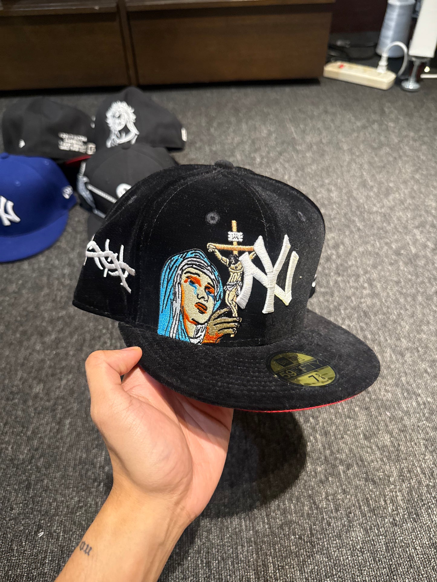 NY JESUS CROSS SUEDE FITTED HAT