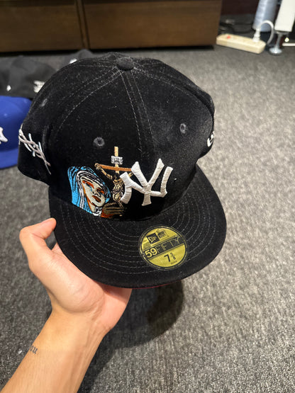 NY JESUS CROSS SUEDE FITTED HAT