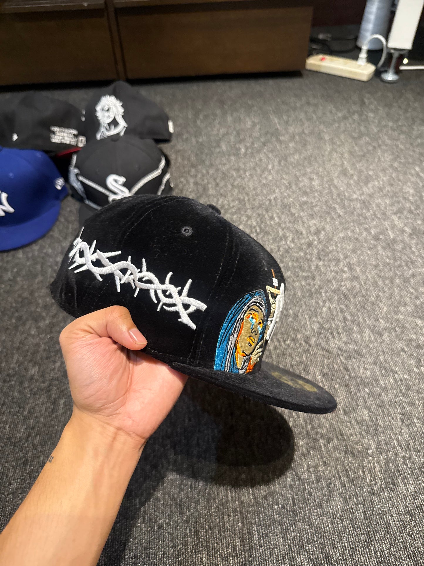 NY JESUS CROSS SUEDE FITTED HAT