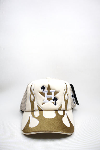 H WHITE FLAME TRUCKER HAT