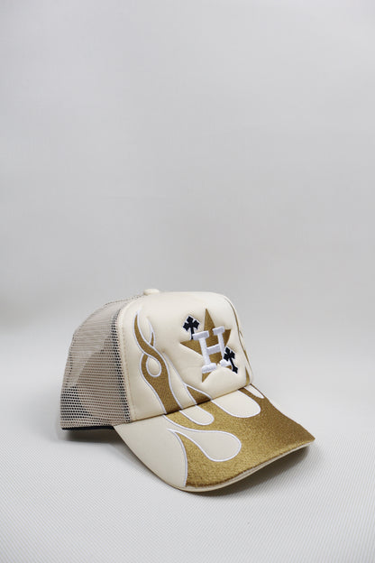 H WHITE FLAME TRUCKER HAT