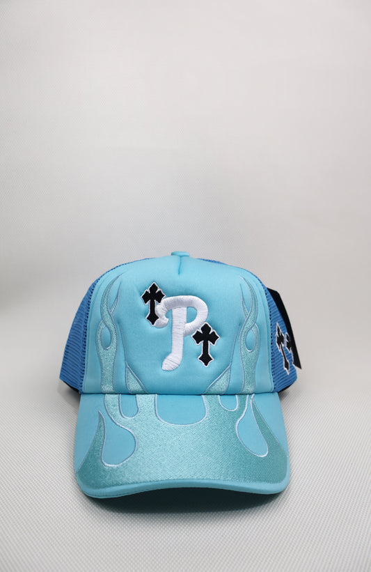 P BABY BLUE FLAMES TRUCKER HAT