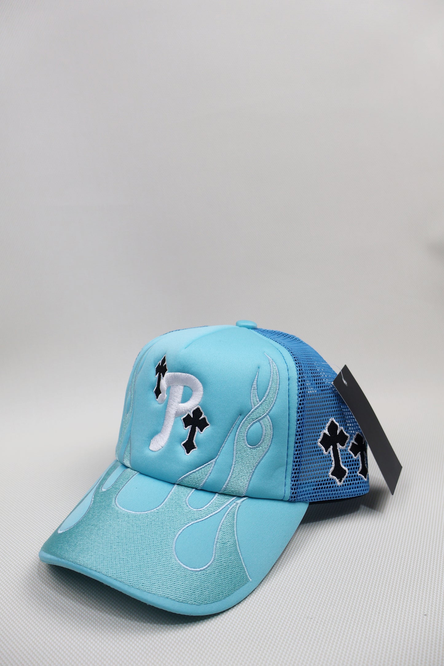 P BABY BLUE FLAMES TRUCKER HAT