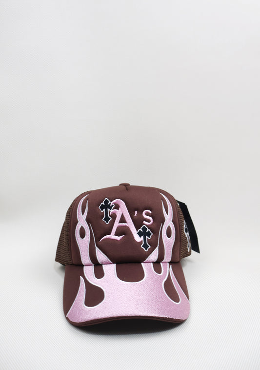 A PINK FLAMES TRUCKER HAT